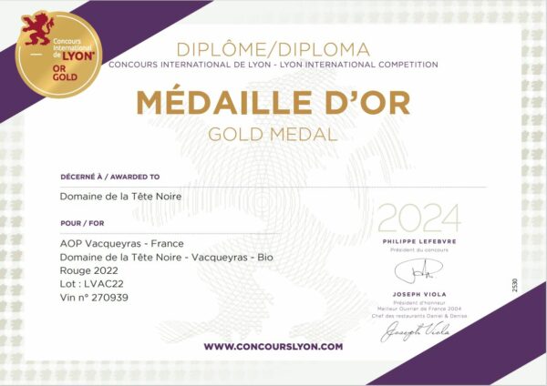 Une médaille d'or pour notre Vacqueyras rouge 2022