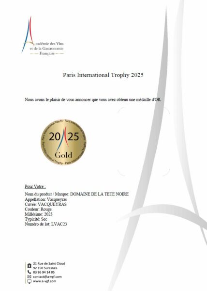 Paris International Trophy 2025 : GOLD Medal for our VACQUEYRAS 2023 !