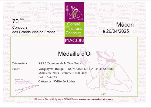 Gold Medal for our 2023 red Vacqueyras in Mâcon !
